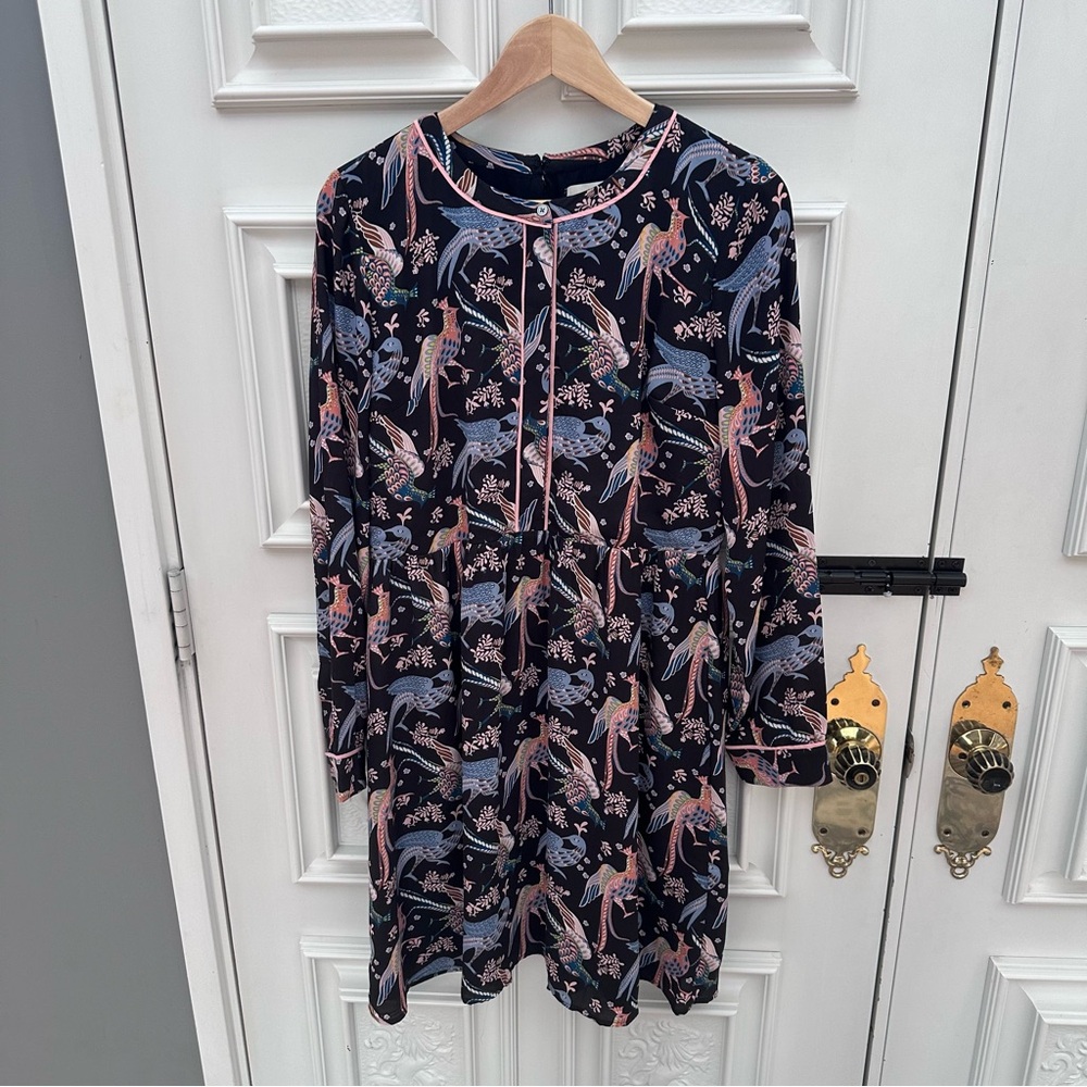 LOFT Black Floral & Peacock Print Long Sleeve Blouse Dress - Size 8